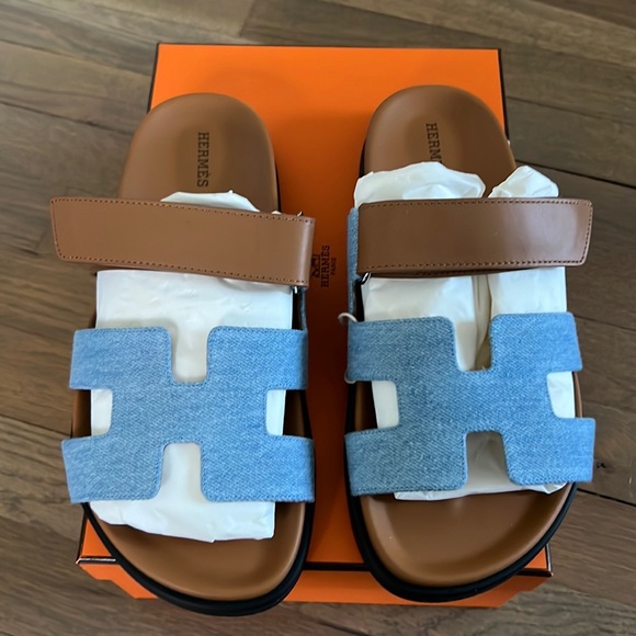 Hermes Navy Blue Leather Oran Sandals Size 39